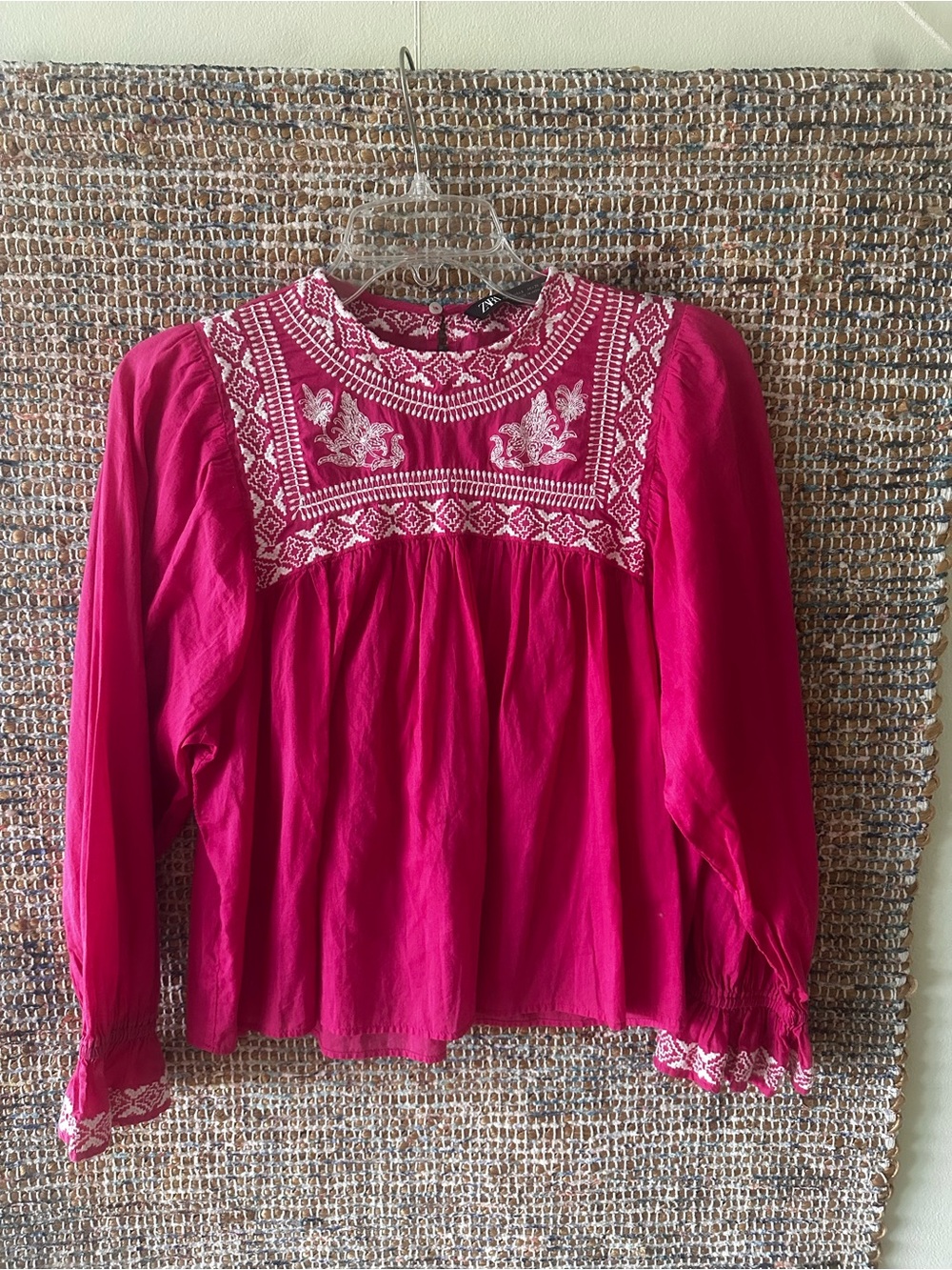 Zara Fuchsia Pink Embroidered Peasant Top